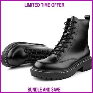 Women's Combat Boots Ankle Booties Lace-Up Side Zipper Faux Leather